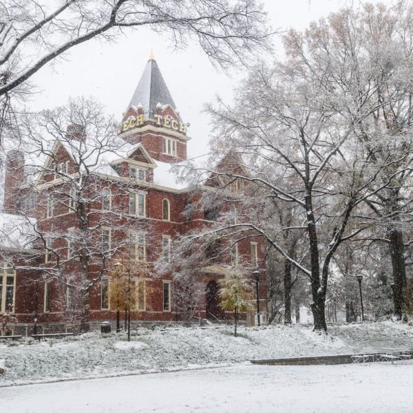 snow covered Tech Tower at Georgia Tech