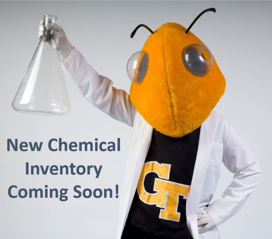 Buzz wearing lab coat holding up a flask, caption reads New Chemical Inventory Coming Soon!
