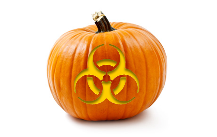 pumpkin with the biohazard symbol on it