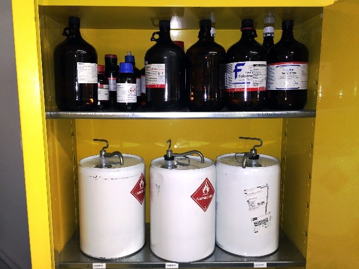 chemicals stored in flammable cabinet