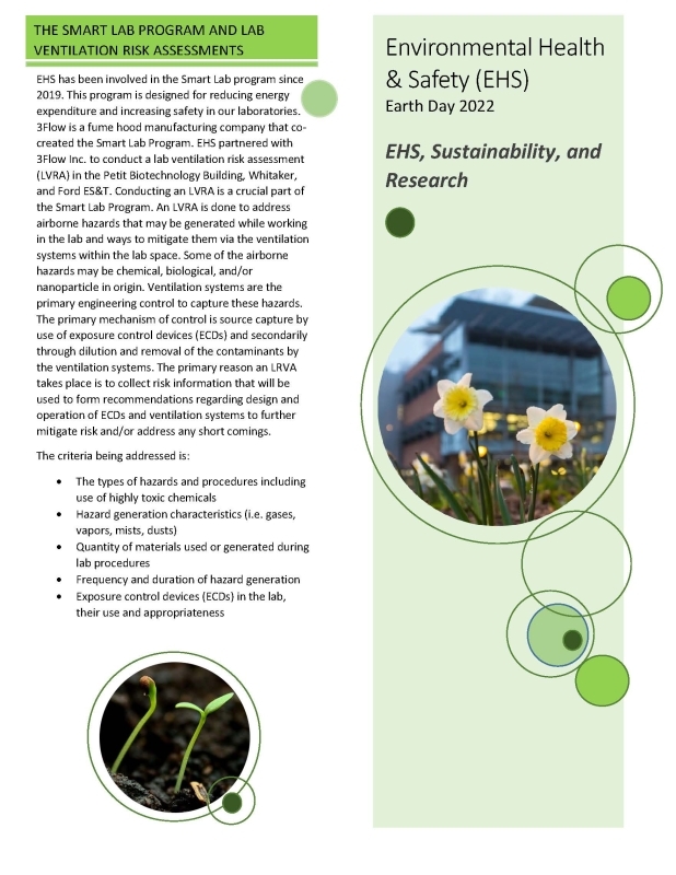 page 1 of pamphlet for earth day 2022 discussing EHS's efforts in sustainability with fume hoods. see document below with full text.