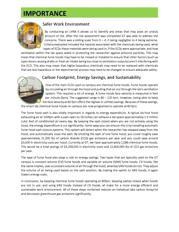 page 2 of pamphlet for earth day 2022 discussing EHS's efforts in sustainability with fume hoods. see document below with full text.