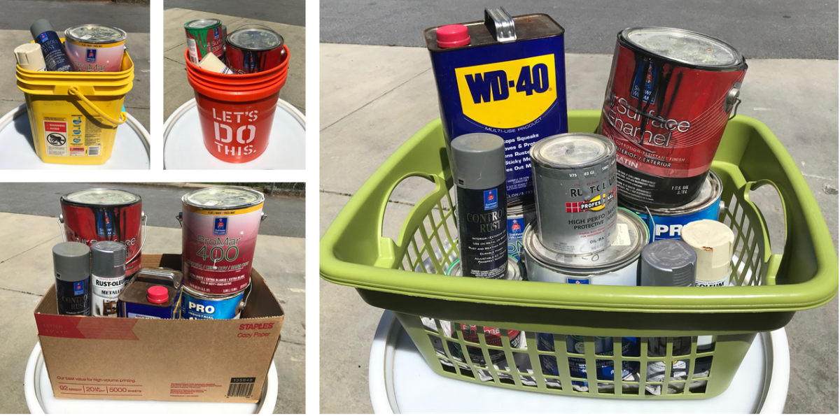 multiple images of household hazardous waste in a laundry basket, copy paper box, home depot bucket, or cat litter container