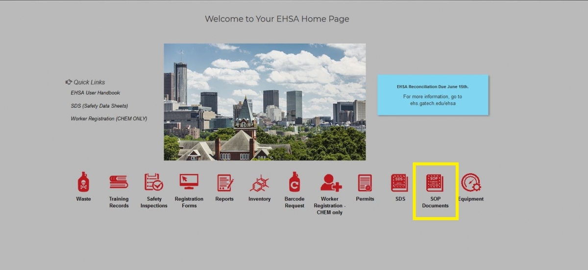 Click on "SOP Documents" icon (Home EHSA page on your account)